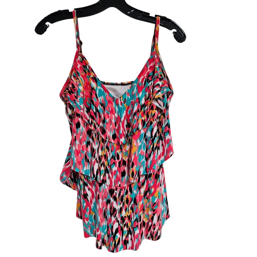 Aqua Green Swim Tank Top Sz Medium Tiered Tankini Top Multicolor Colorful Beach